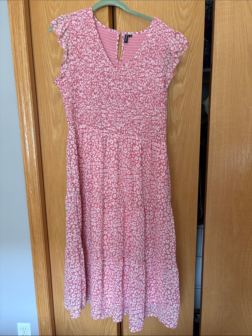 Womens Pink Floral Smocked Midi Dress